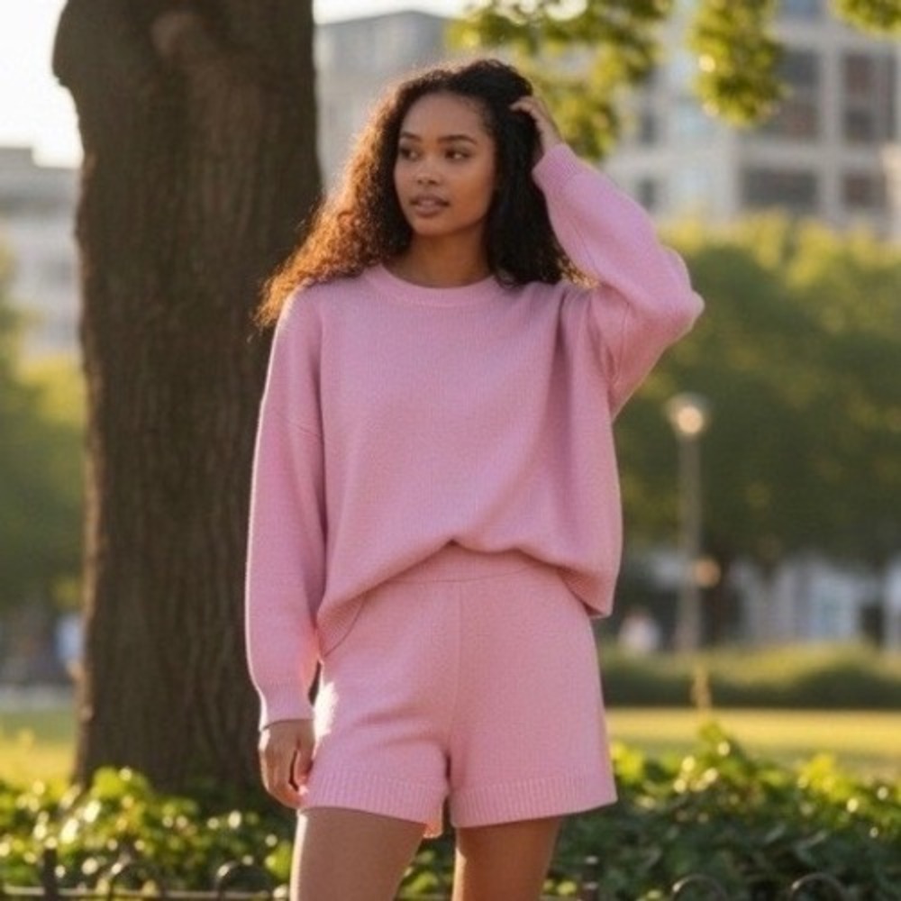 Zenana Pink Knit Loungewear Set Crewneck Sweater and High Waisted Shorts 2pc Sm